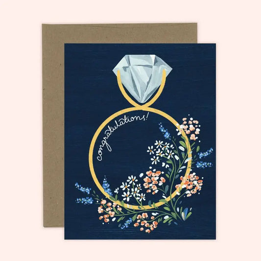 Navy Floral Congratulations Ring Engagement Card