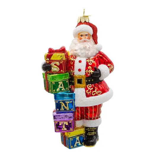 Bellissimo Glass Santa With Gift Boxes Ornament