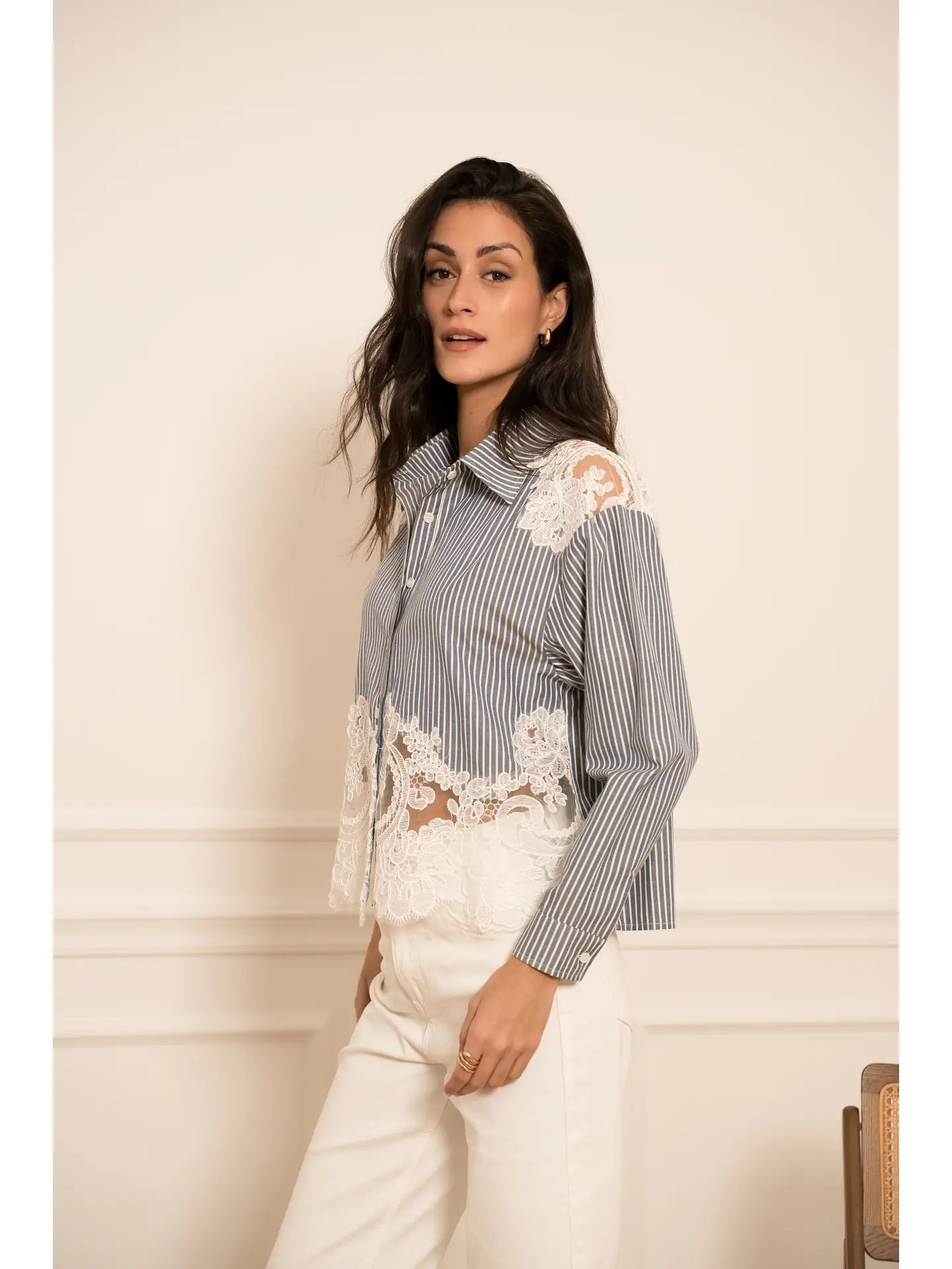 Button-Up Shirt with Lace Inserts