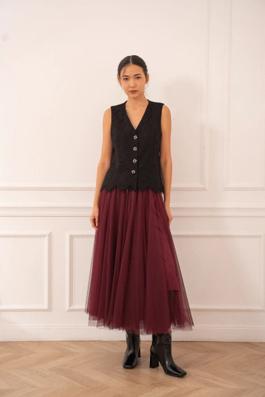 Amber Tulle Slim Fit Skirt - Bordeaux