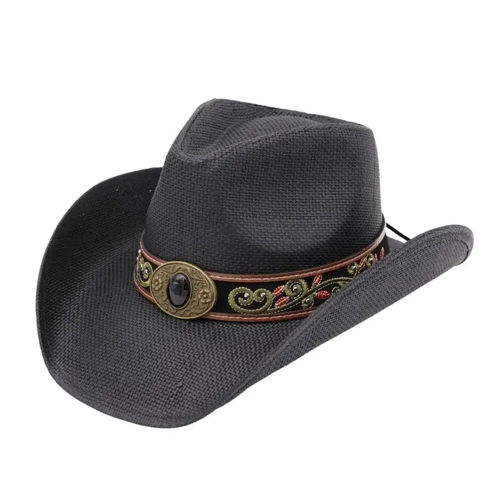 Western Embroidered Strap Washed Straw Cowboy Hat Black