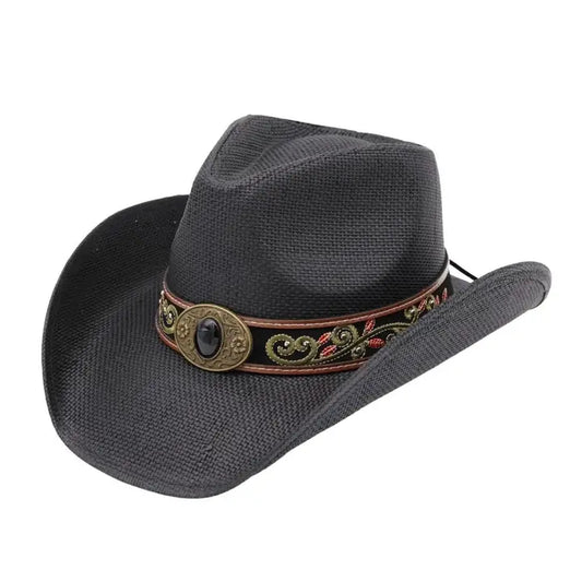 Western Embroidered Strap Washed Straw Cowboy Hat Black