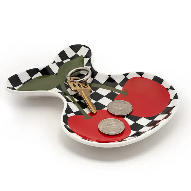 Checkered & Cherries Ceramic Trinket & Jewelry Tray