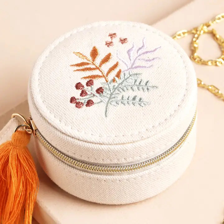 Embroidered Leaves Mini Round Linen Travel Jewellery Case