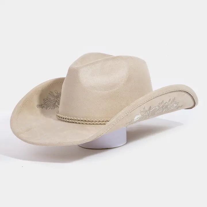 Flower Embroidery Cowboy Hat Light Tan
