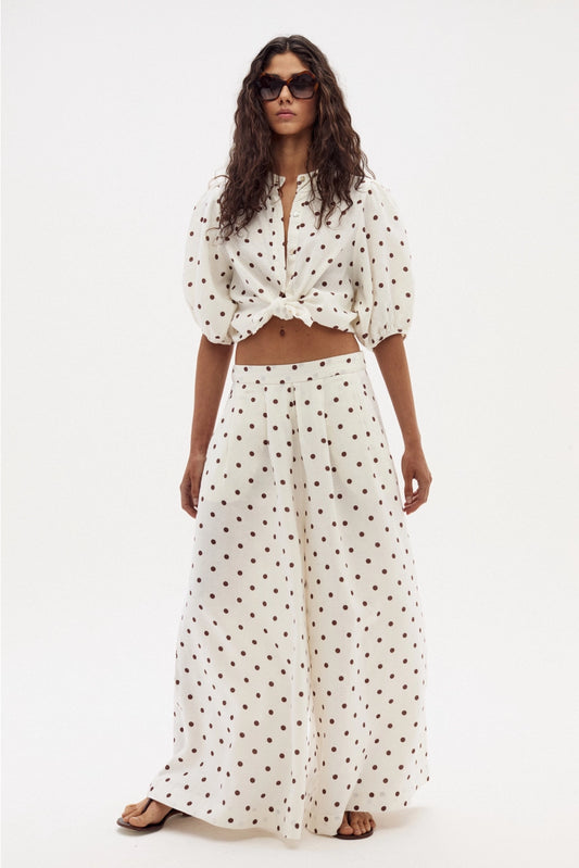 Bubble Linen Shirt - Brown Polka Dots Print