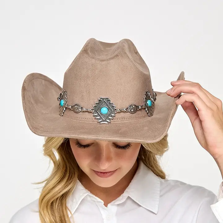 Turquoise Stud Concho Belt Western Cowboy Hat | Tan