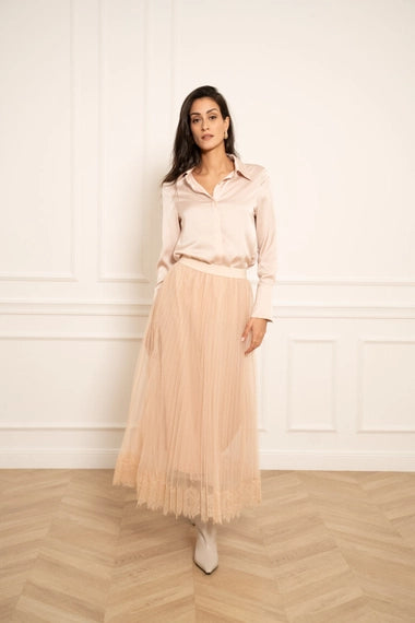 Jeanne Pleated Tulle Lace Skirt - Rose