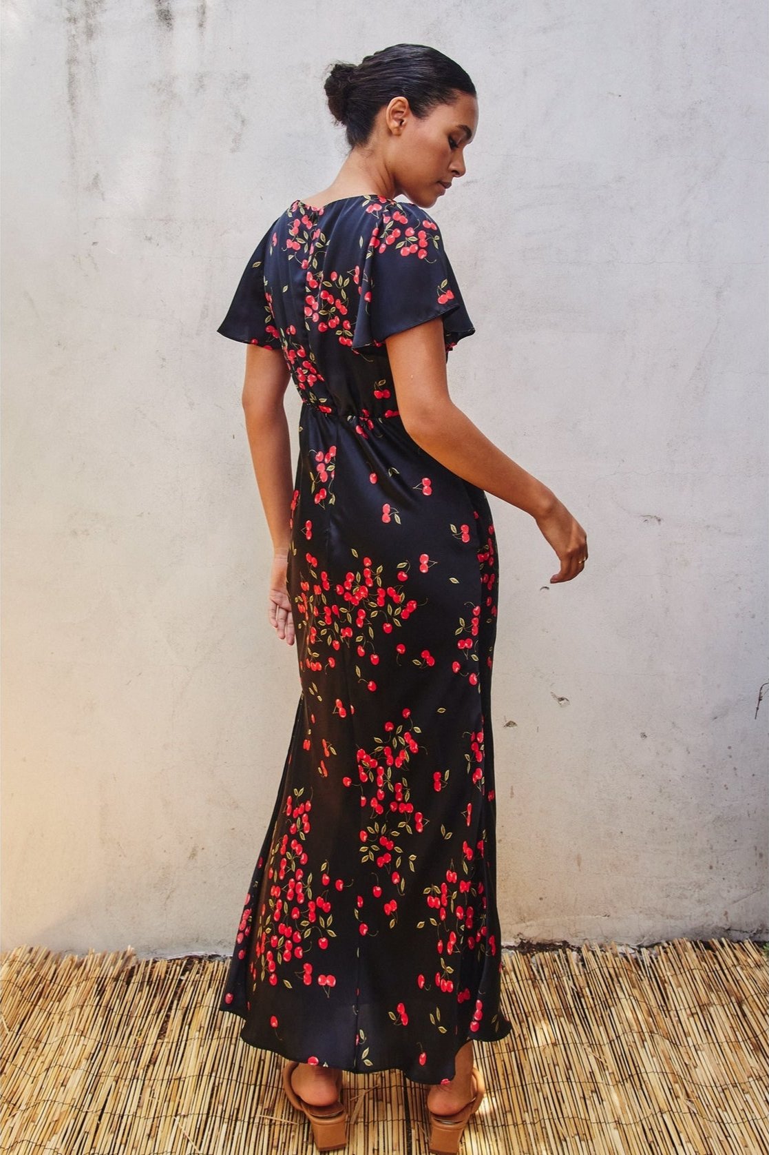 Cherry Flutter Sleeve Maxi Dress