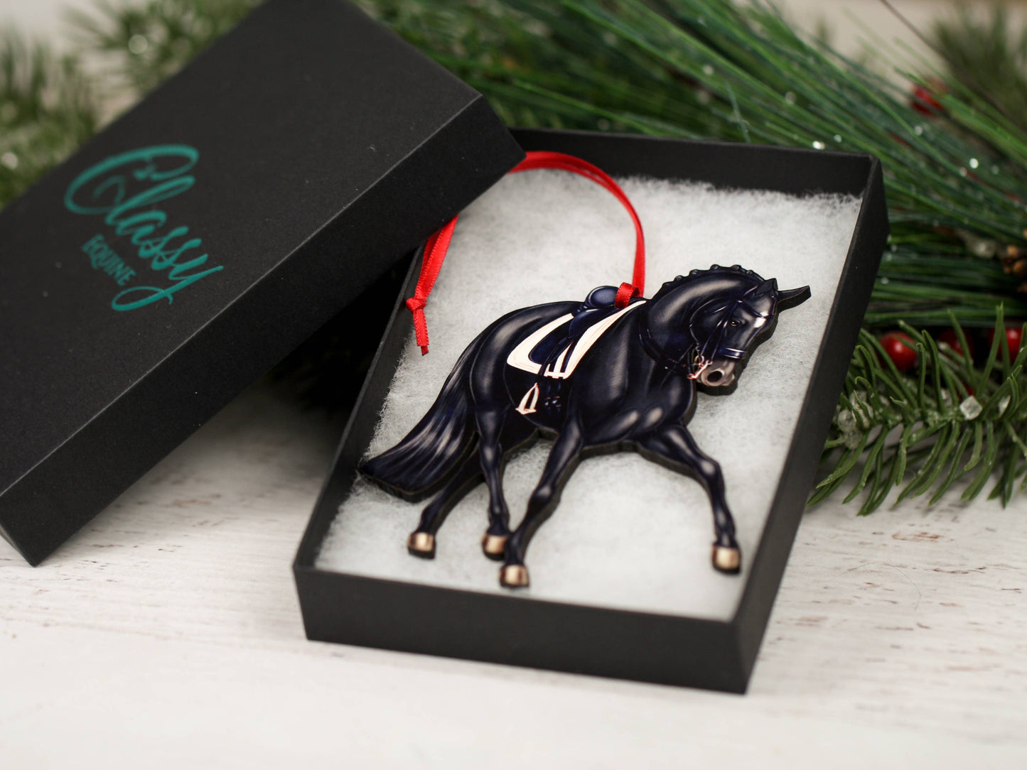 Dressage Horse Christmas Ornament - Black Half Pass Dressage