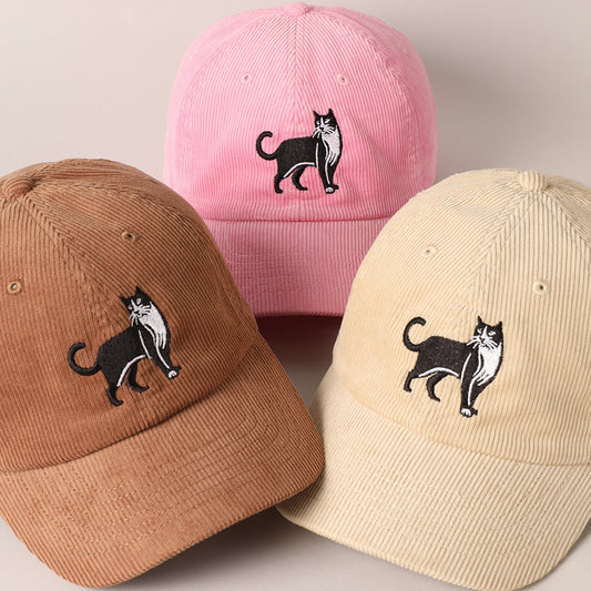 Tuxedo Cat Embroidery Corduroy Baseball Cap