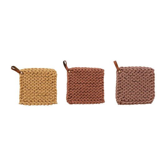 Cotton Crocheted Pot Holder With Leather Handle | Pumpkin & Spice