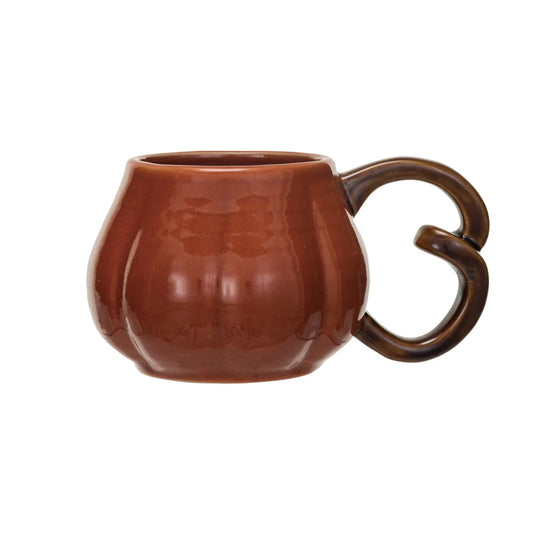 16 oz. Stoneware Pumpkin Shaped Mug w/ Stem Handle, Orange Color & Brown