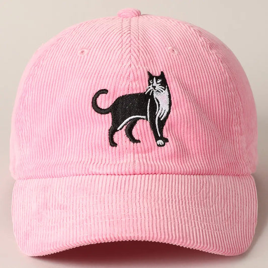 Tuxedo Cat Embroidered Corduroy Baseball Cap