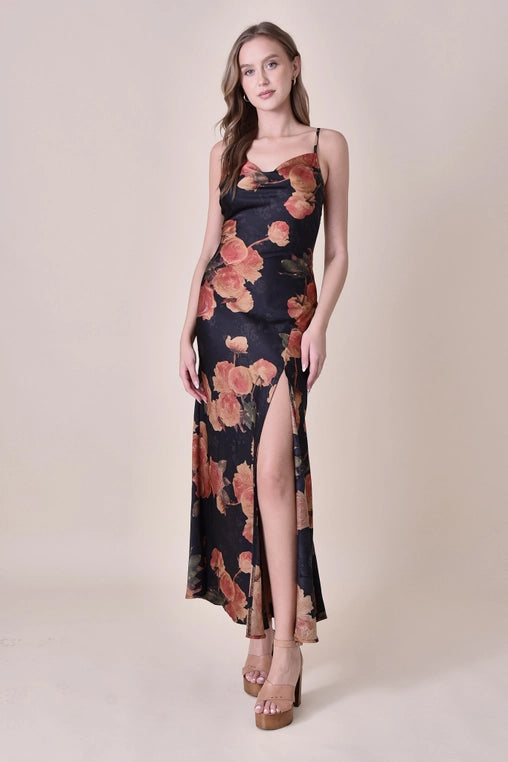 Floral Print Cowl Neck Maxi Dress with Side Slit