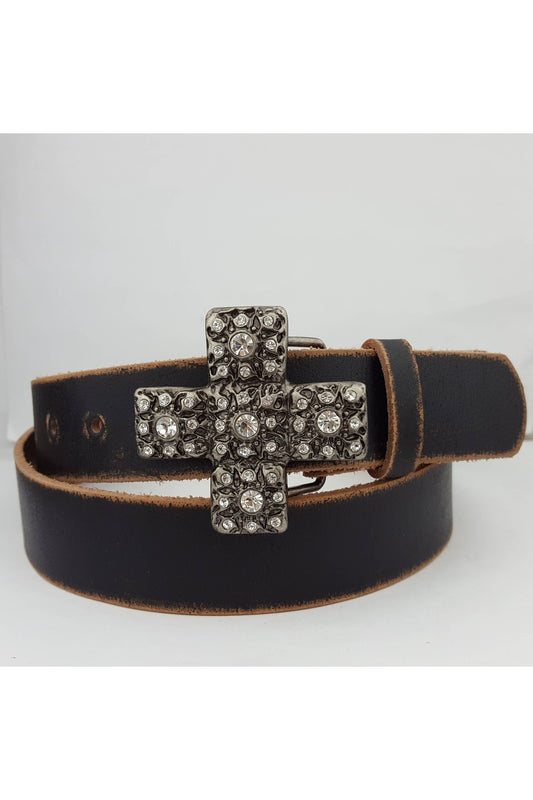 Vintage/Distressed Genuine Leather w. Crystal Cross Buckle
