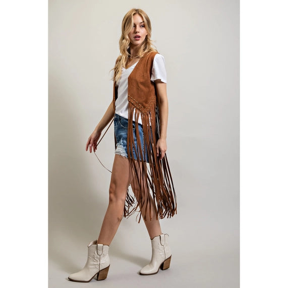 Suede Studded Detail Fringe Hem Vest