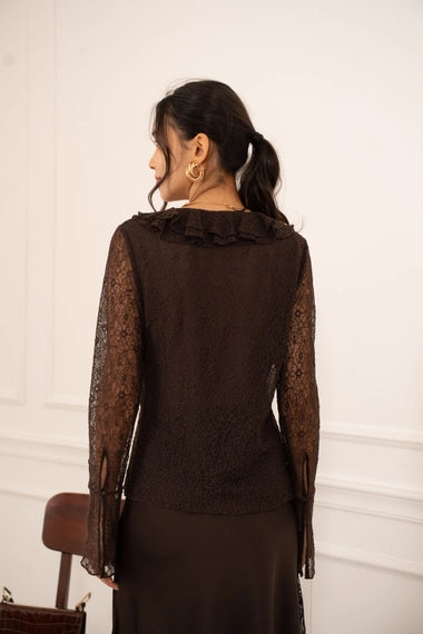 Lace Blouse with Ruffled V-Neck