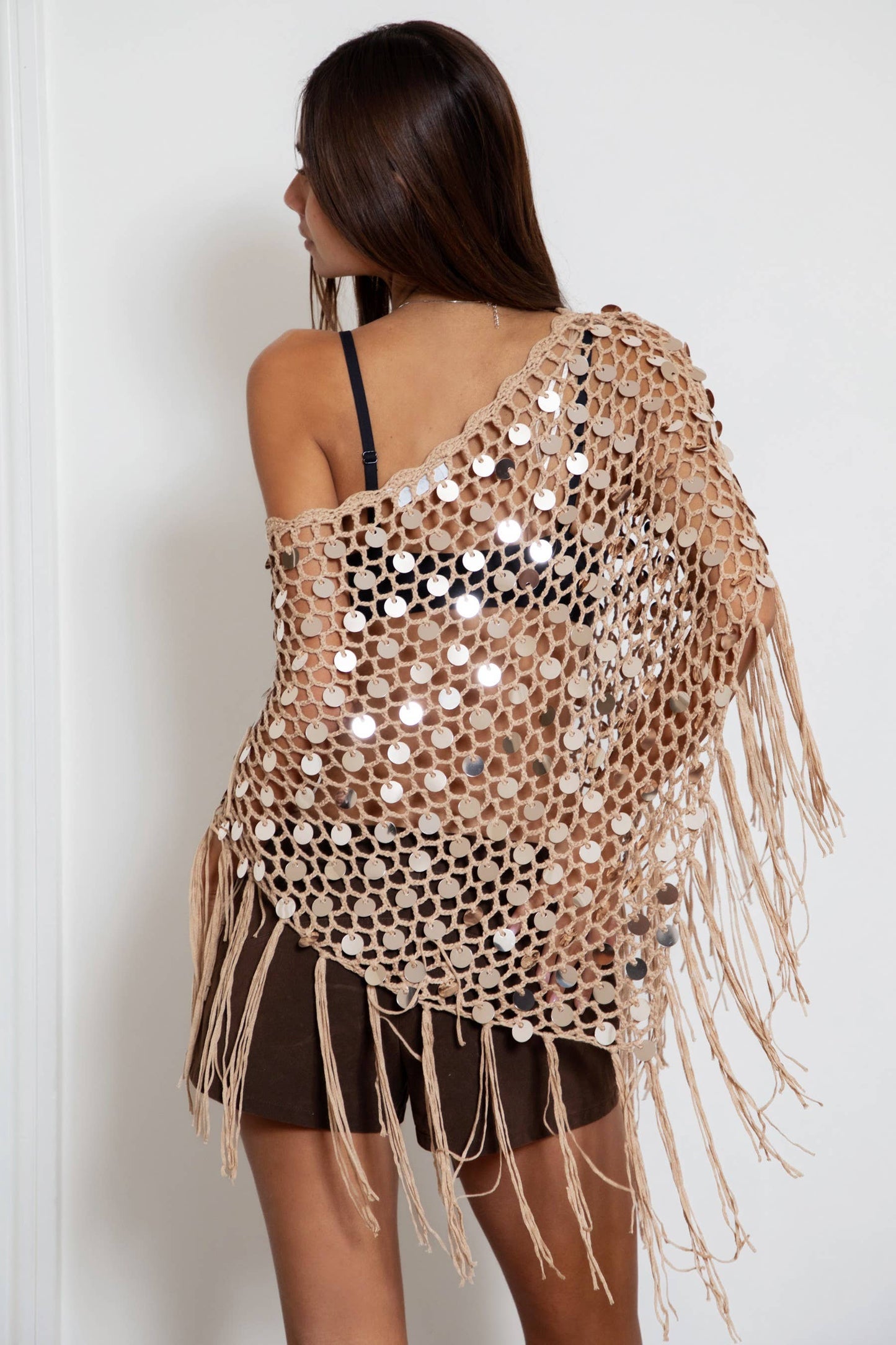 LUNARA Sequin Open Crochet Fringe Knit Poncho