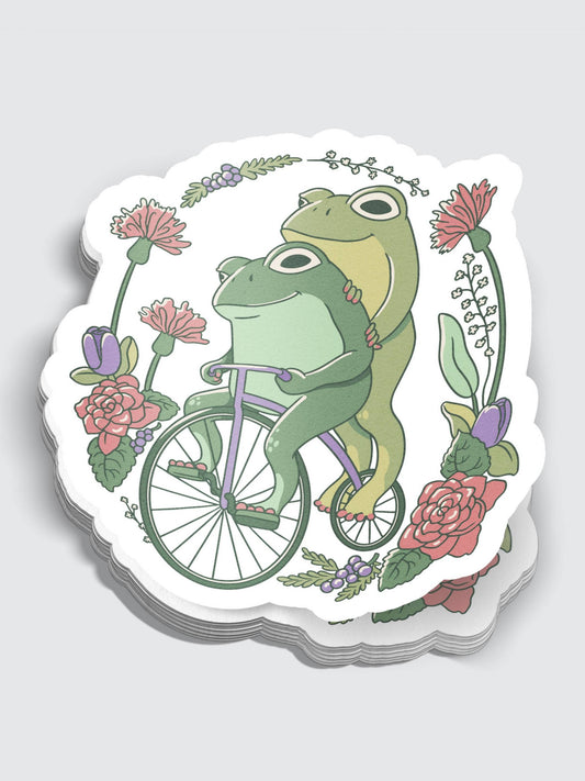 Cottagecore Frogs Riding A Bicycle Sticker
