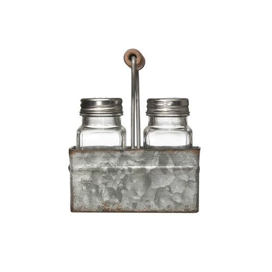 Salt and Pepper Shakers in Metal Caddy