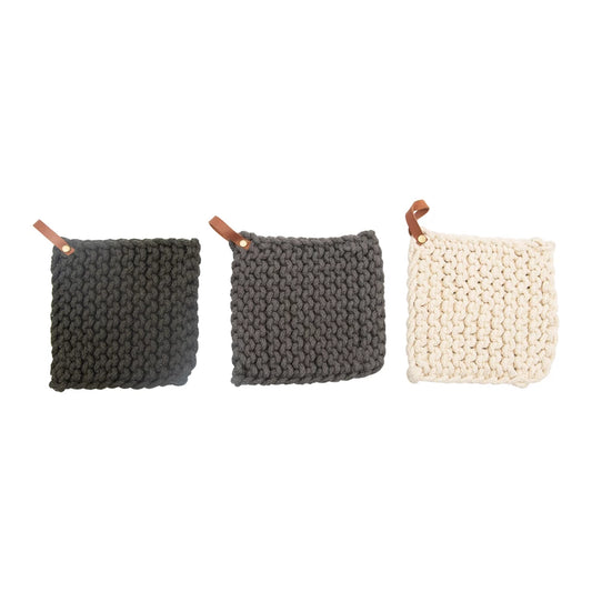 Cotton Crocheted Pot Holder with Leather Loop