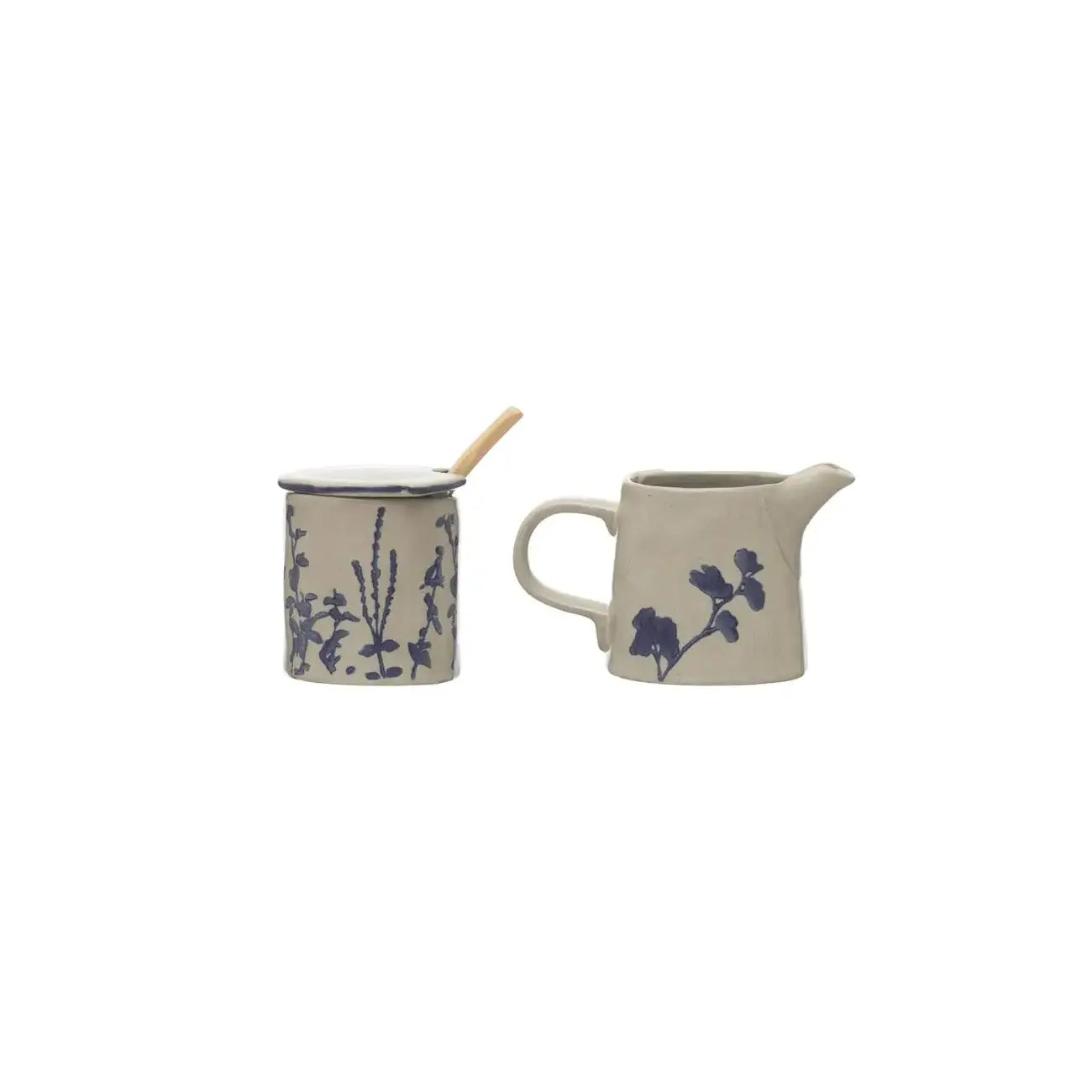 Hand-Stamped Stoneware Set | Sugar Pot, Lid, Wood Spoon & Creamer