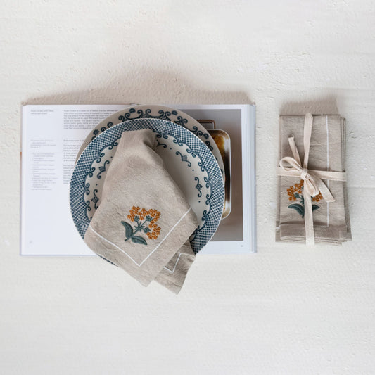 Cotton Napkins with Floral Embroidery & French Knots