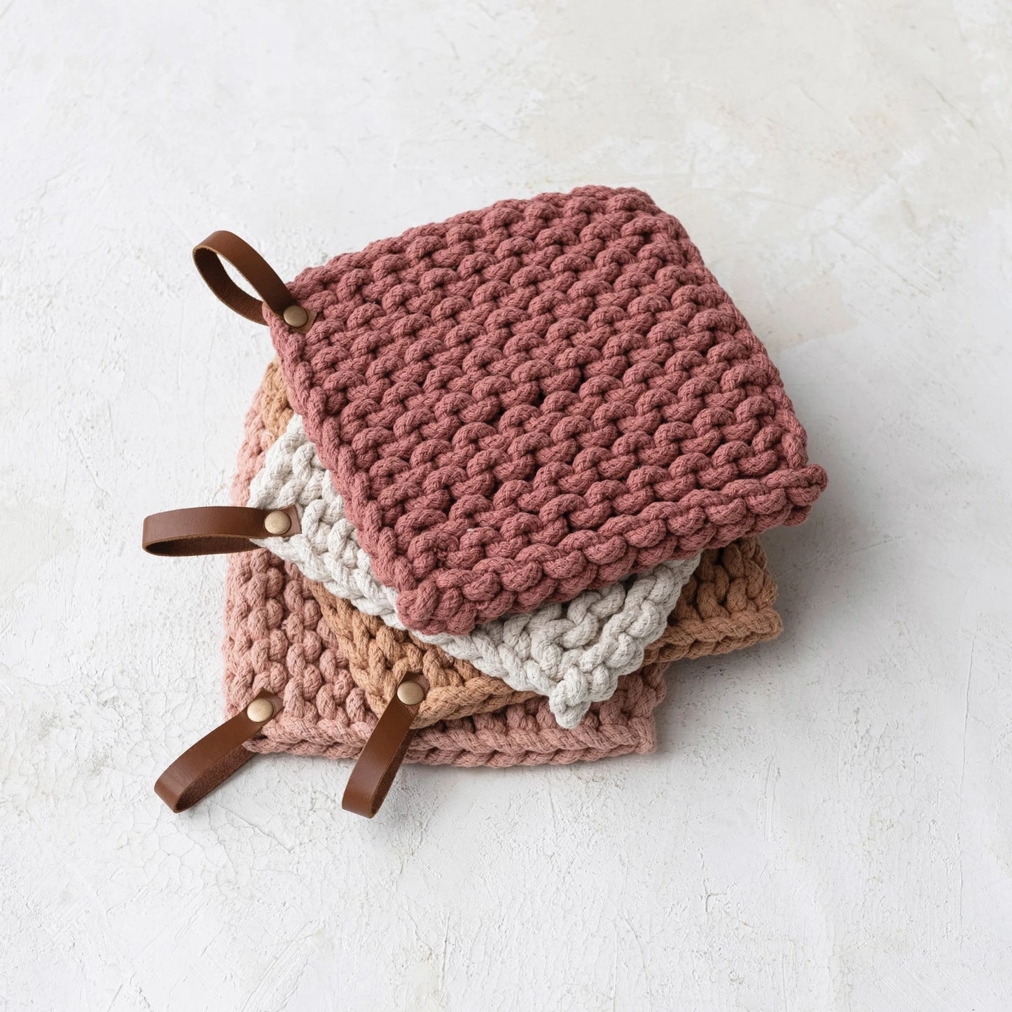 Cotton Crocheted Pot Holder with Leather Loop | Warm Tones