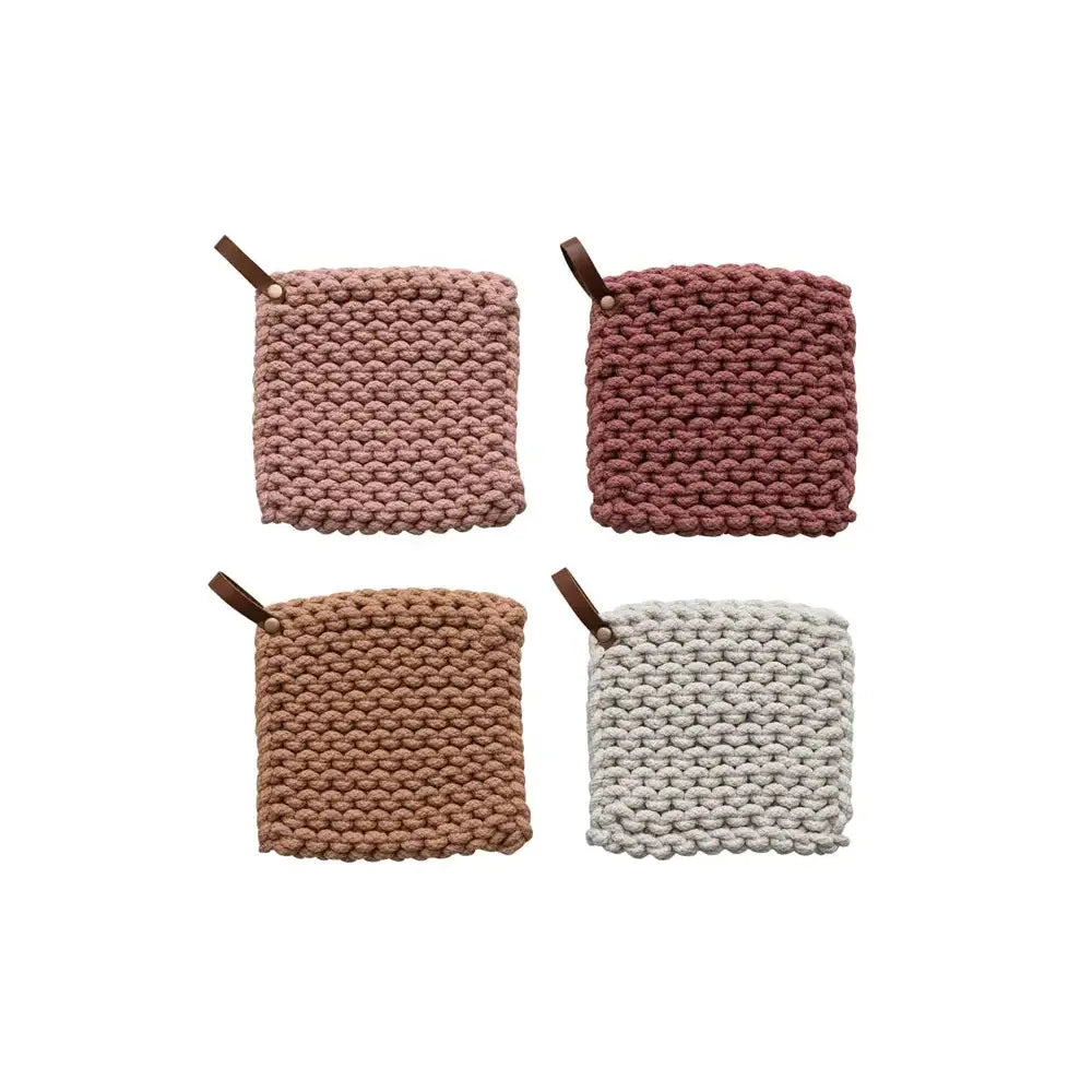 Cotton Crocheted Pot Holder with Leather Loop | Warm Tones