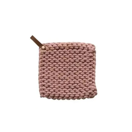 Cotton Crocheted Pot Holder with Leather Loop | Warm Tones