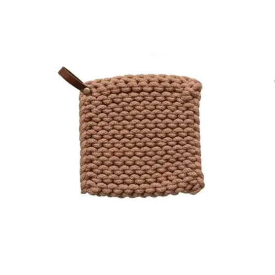 Cotton Crocheted Pot Holder with Leather Loop | Warm Tones