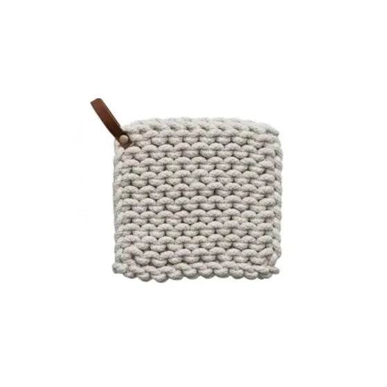 Cotton Crocheted Pot Holder with Leather Loop | Warm Tones