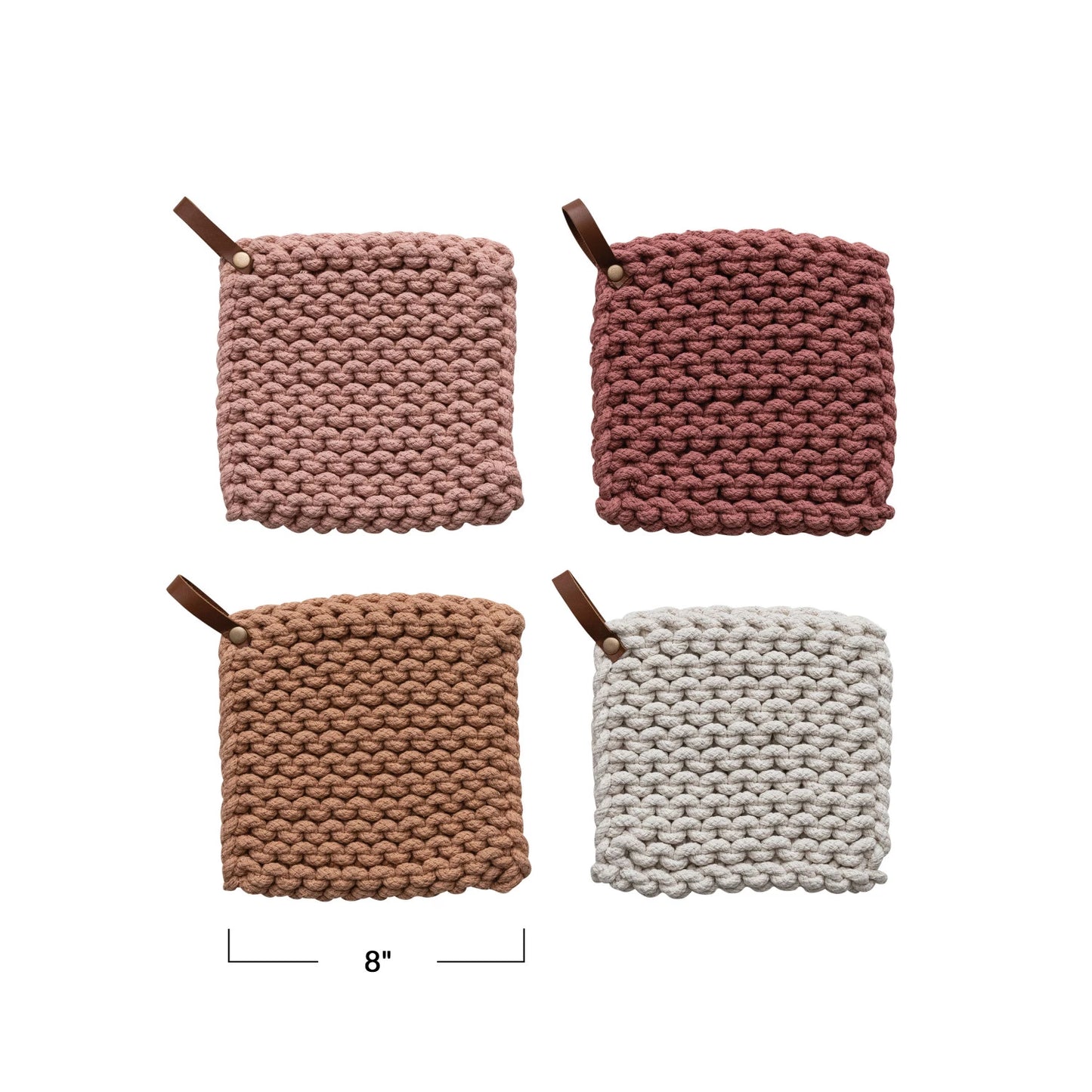 Cotton Crocheted Pot Holder with Leather Loop | Warm Tones