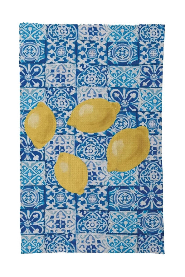 Printed Recycled Microfibre Tea Towel with Tile Pattern & Lemons