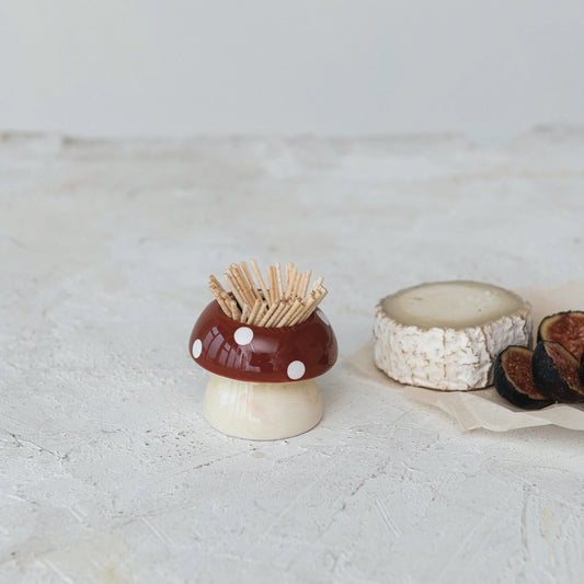 Hand-Painted Stoneware Mushroom Shaped Toothpick Holder