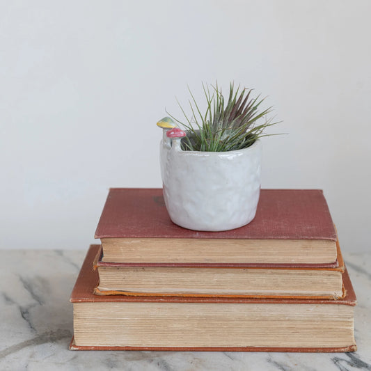 Stoneware Cup/Planter with Mushrooms on Rim