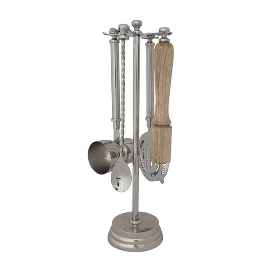 Stainless Steel & Mango Wood Bar Tools Stand | Set of 5