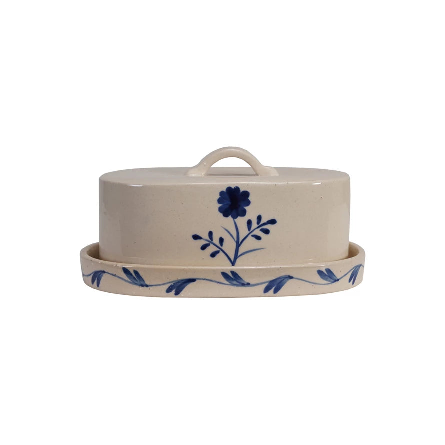 Hand Painted Flower Stoneware Butter Dish