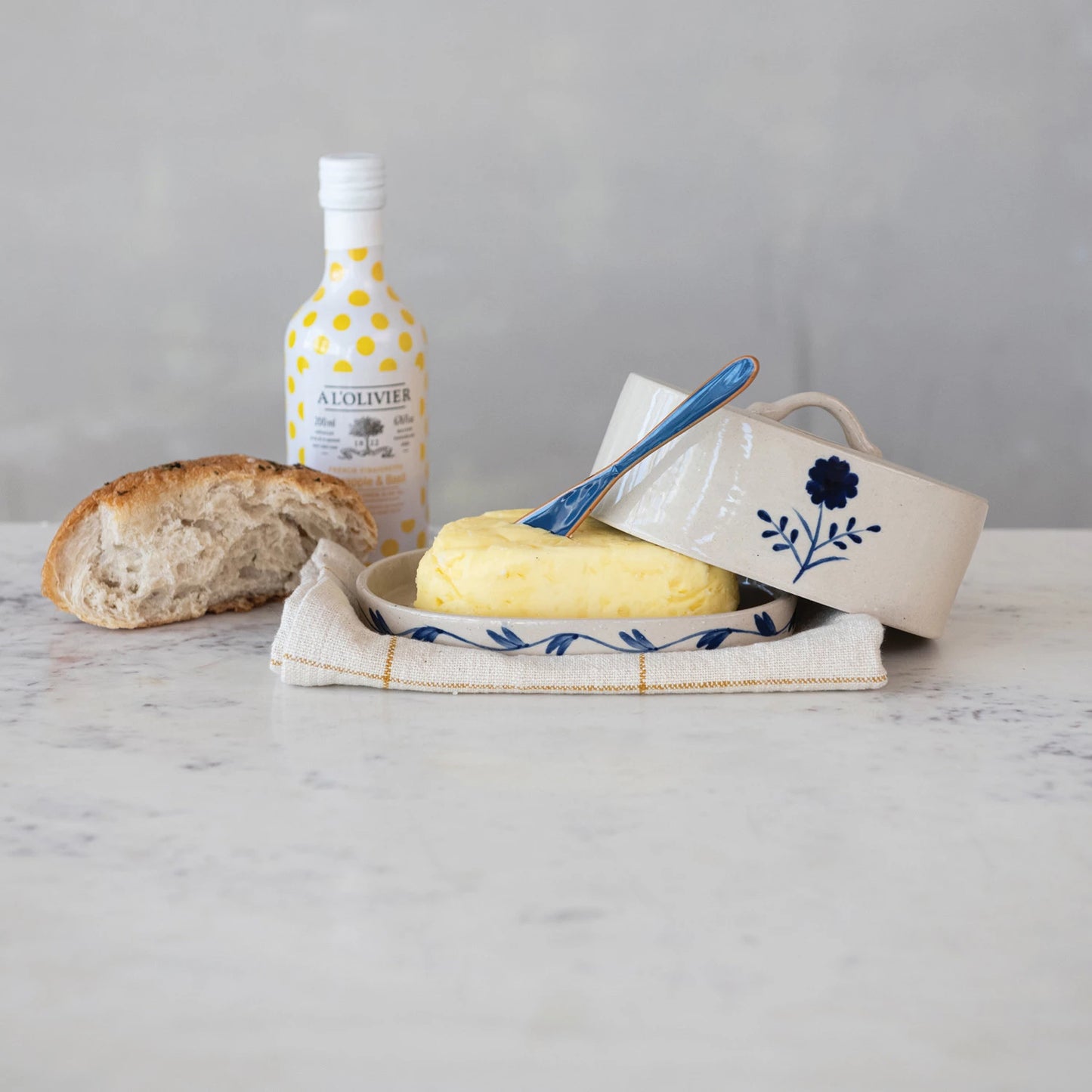 Hand Painted Flower Stoneware Butter Dish
