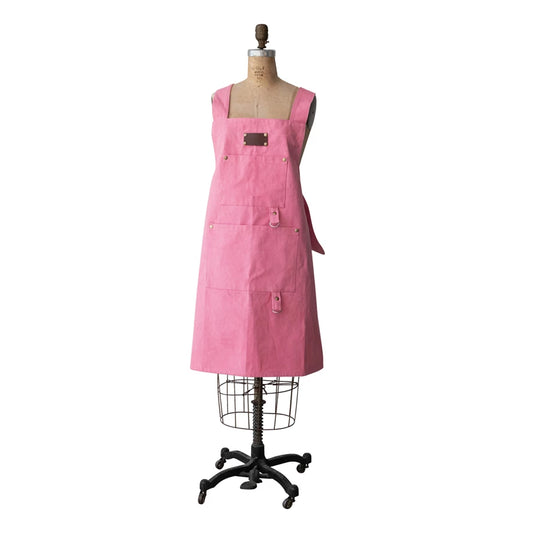 Cross Back Apron with Pockets and Rivets | Pink