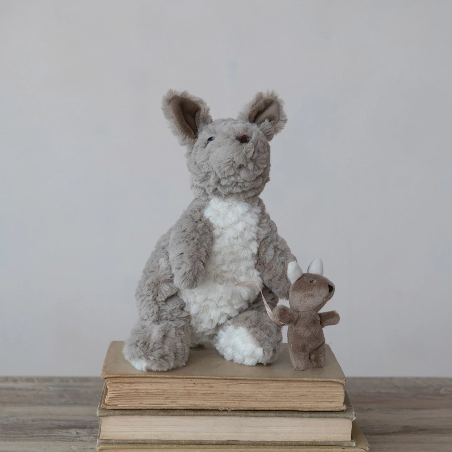 Plush Kangaroo w/ Joey in Pouch, Grey & White