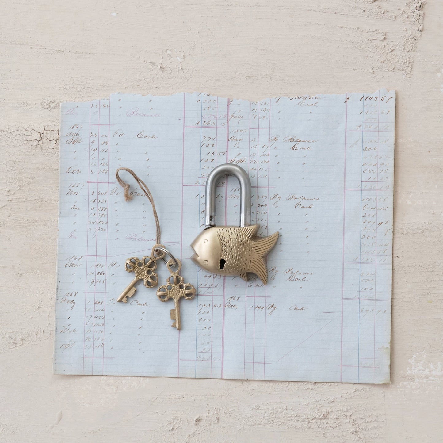 Brass & Metal Fish Shaped Lock w/ 2 Brass Keys, Matte Brass & Nickel Finish
