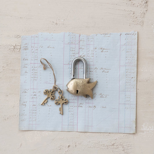 Brass & Metal Fish Shaped Lock w/ 2 Brass Keys, Matte Brass & Nickel Finish