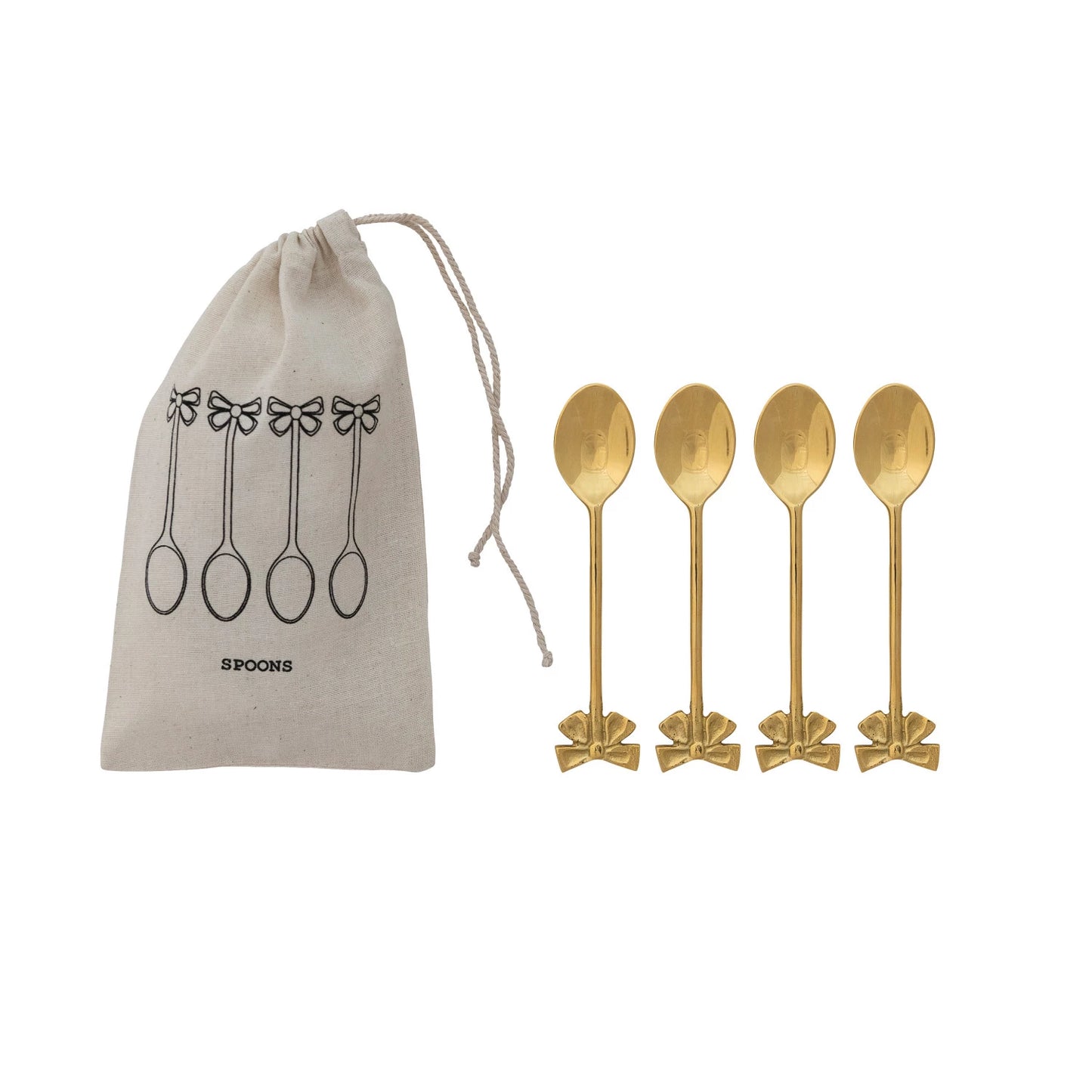 Brass Spoons with Bow Shaped Handles Set of 4 in Drawstring Bag