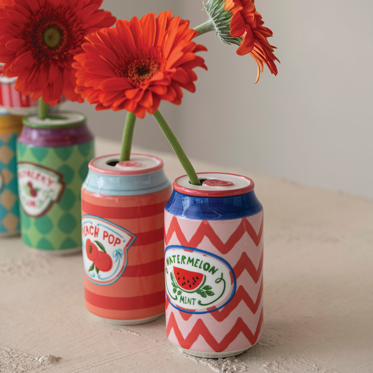 Hand-Painted Stoneware Soda Can Shaped Vase with Decal - 6 Styles