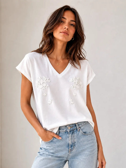Embroidered Cotton V-Neck T-Shirt