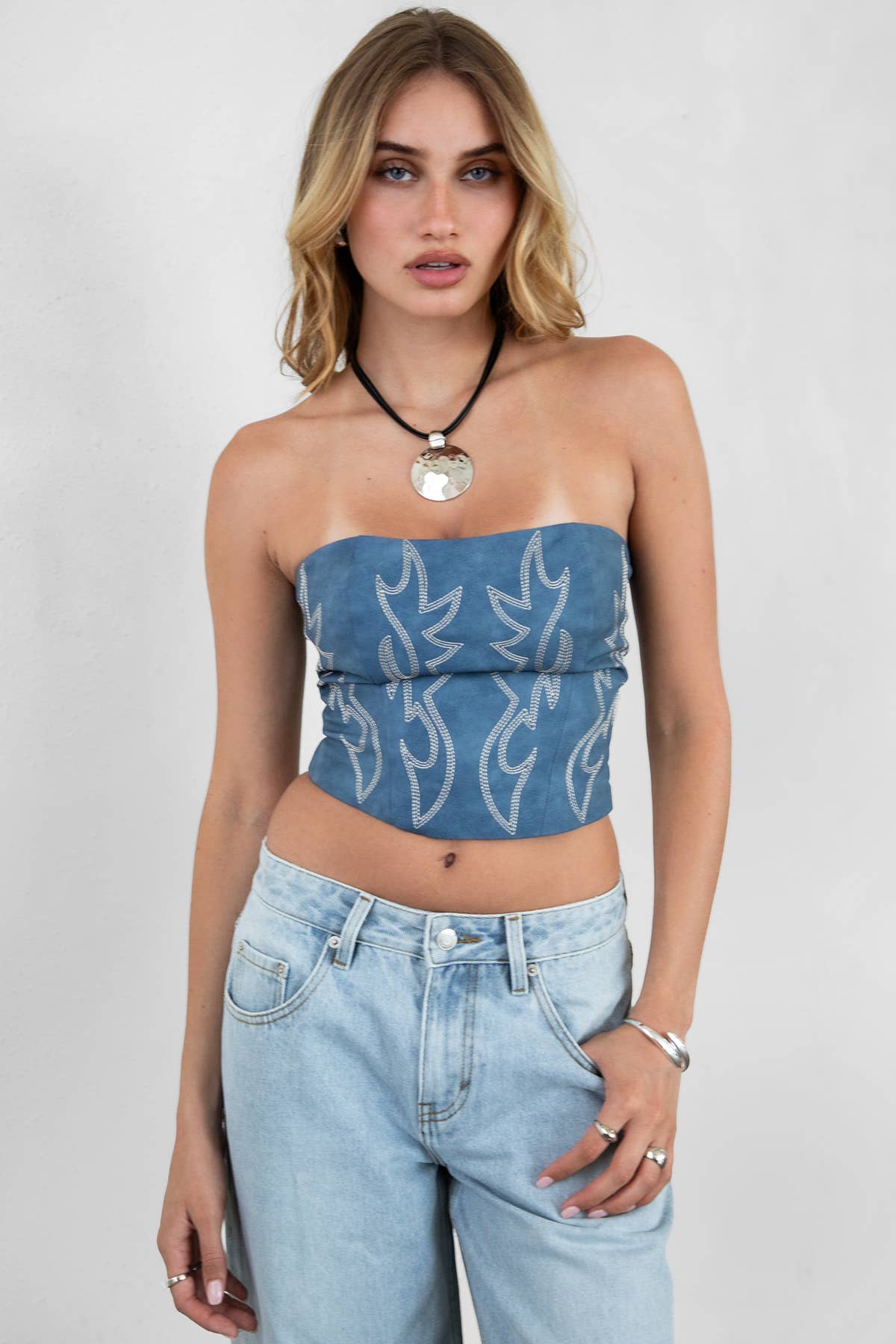 BECKEE Vegan Leather Embroidered Western Corset Top