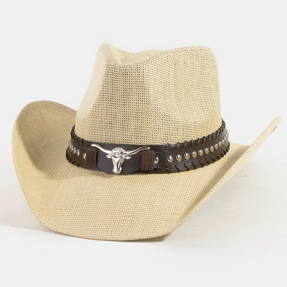 Western Long Horn Belt Strap Straw Cowboy Hat