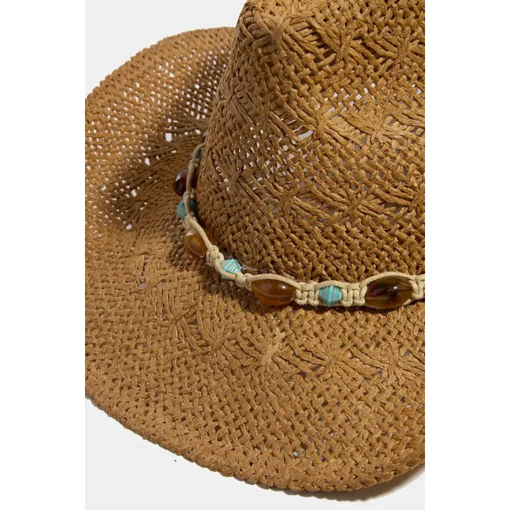 Mixed Beaded and Rope Western Fedora Straw Hat